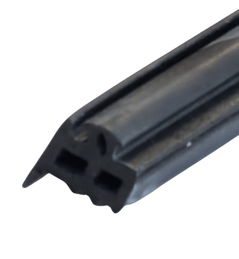 Black rubber door seal strip on a white background